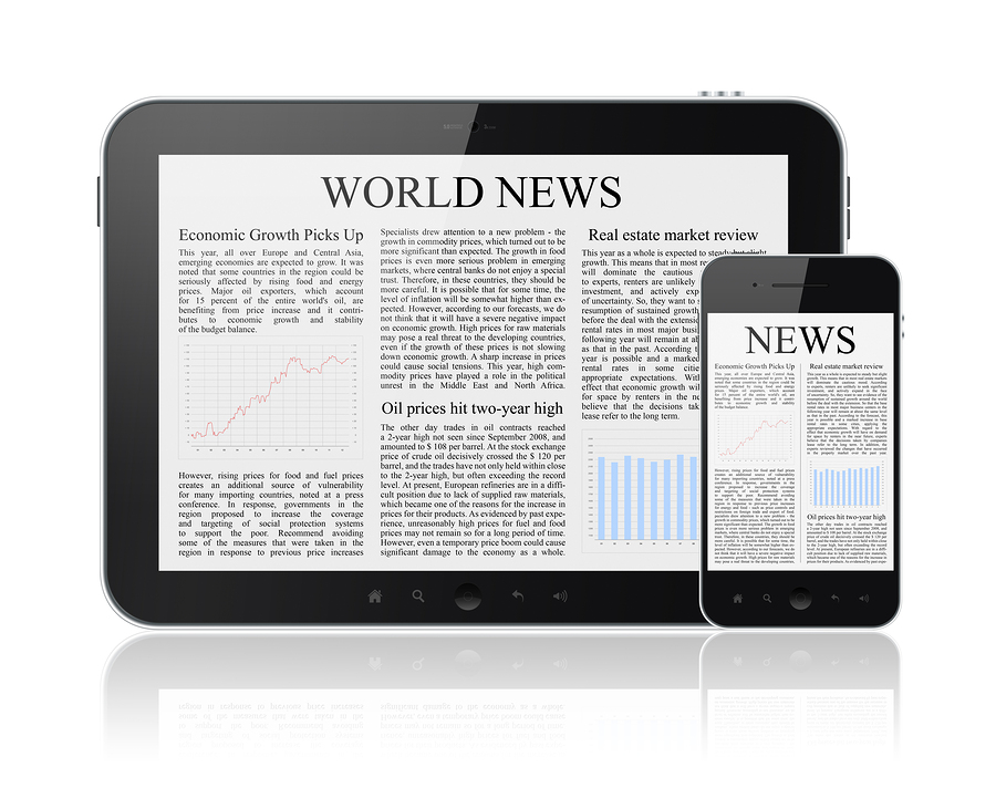 World news articles on modern digital tablet and mobile smart phone. Isolated on white.