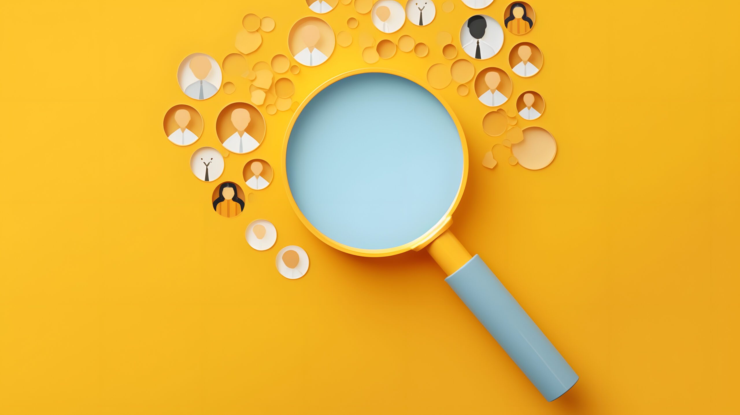 Yellow human icon inside of magnifier glass among white icons fo